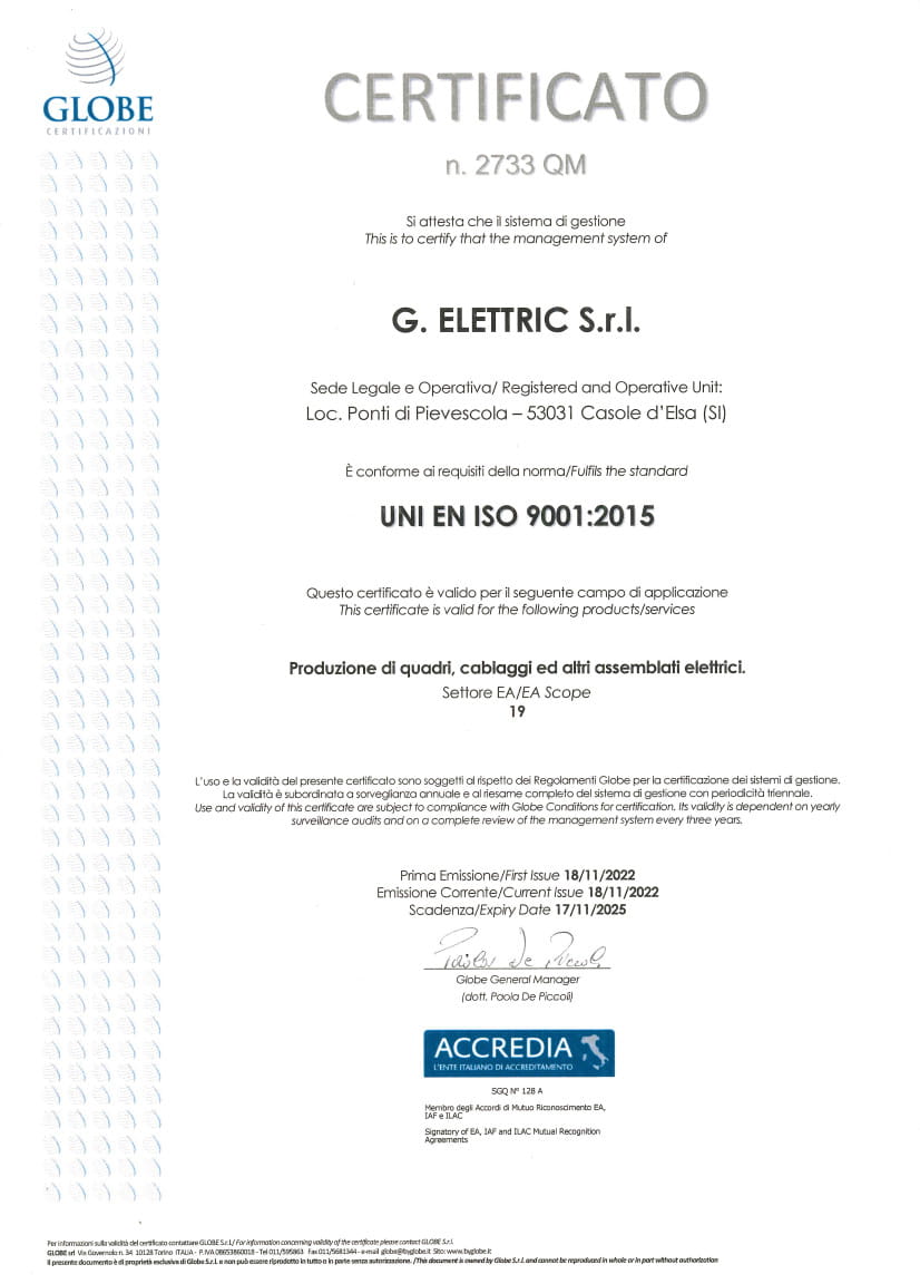 Certificato ISO 9001:2015 G.Elettric